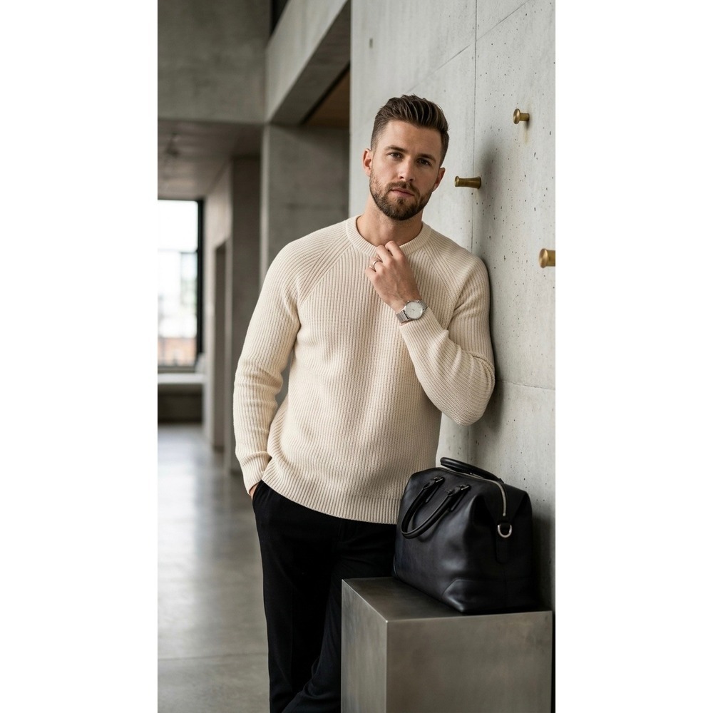 Vince Mens Wool Cashmere Ribbed Crewneck Sweater Cream Off-White Size M